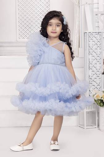 Blue solid net double layer frilled glitter embellish frock
