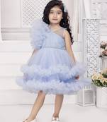 Blue solid net double layer frilled glitter embellish frock