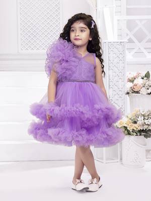 Lavender solid net double layer frilled glitter embellish frock 1
