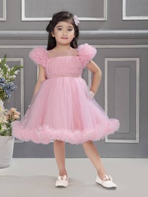 Baby pink solid net pleated yoke stone embellish frock 1