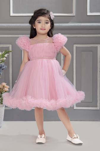 Baby pink solid net pleated yoke stone embellish frock