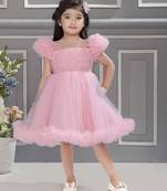 Baby pink solid net pleated yoke stone embellish frock