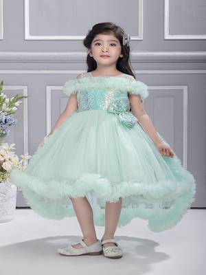 Blue solid net tail look off shoulder sequence yoke frock 1