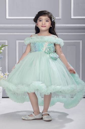 Blue solid net tail look off shoulder sequence yoke frock