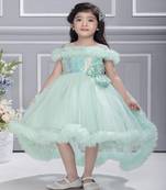 Blue solid net tail look off shoulder sequence yoke frock