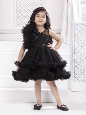 Black solid net double layer frilled glitter embellish frock 1