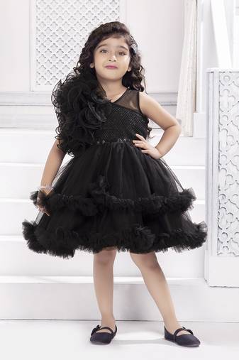 Black solid net double layer frilled glitter embellish frock
