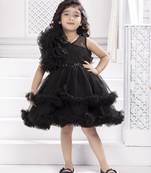 Black solid net double layer frilled glitter embellish frock