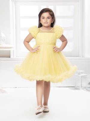 Yellow solid net pleated yoke stone embellish frock 1