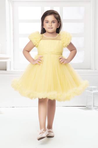 Yellow solid net pleated yoke stone embellish frock