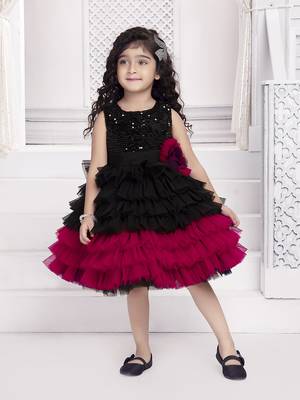 Black solid net floral applique detailed sequence body frock 1