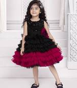 Black solid net floral applique detailed sequence body frock