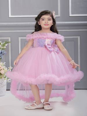 baby pink solid net tail look off shoulder sequence yoke frock 1