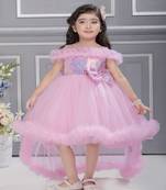 baby pink solid net tail look off shoulder sequence yoke frock