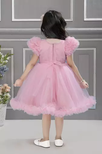 Baby pink solid net pleated yoke stone embellish frock