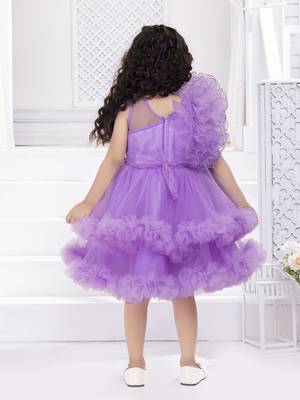Lavender solid net double layer frilled glitter embellish frock 2