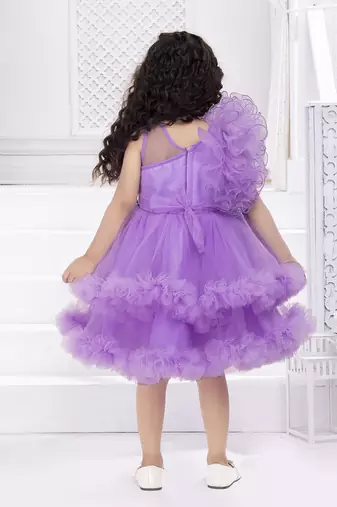 Lavender solid net double layer frilled glitter embellish frock