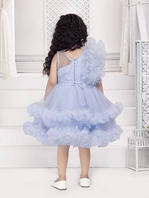 Blue solid net double layer frilled glitter embellish frock 2