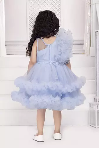 Blue solid net double layer frilled glitter embellish frock