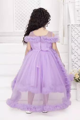 Lavender solid net tail look off shoulder sequence yoke frock