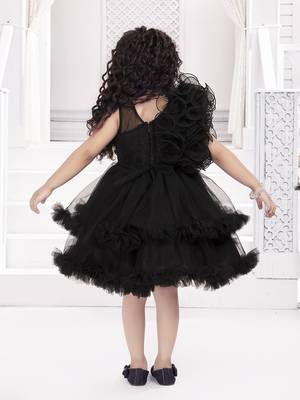 Black solid net double layer frilled glitter embellish frock 2