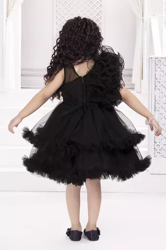 Black solid net double layer frilled glitter embellish frock