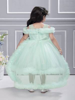 Blue solid net tail look off shoulder sequence yoke frock 2