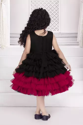 Black solid net floral applique detailed sequence body frock