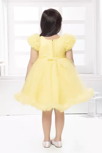 Yellow solid net pleated yoke stone embellish frock