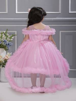 baby pink solid net tail look off shoulder sequence yoke frock 2