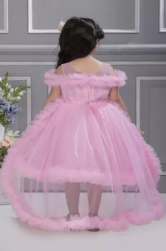baby pink solid net tail look off shoulder sequence yoke frock