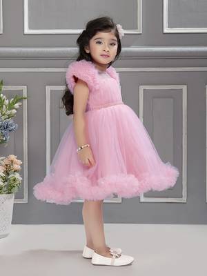 Baby pink solid net pleated yoke stone embellish frock 3
