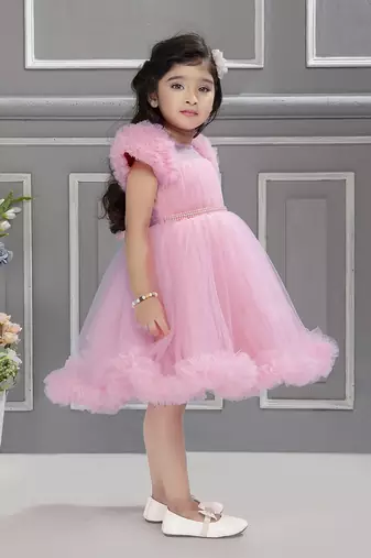 Baby pink solid net pleated yoke stone embellish frock