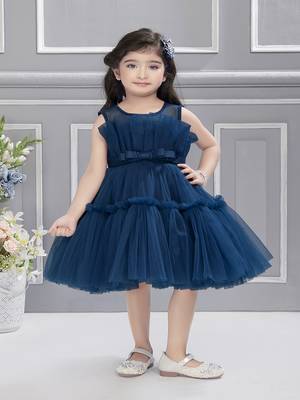 Teal solid net fan pleated yoke with frilled frock 1