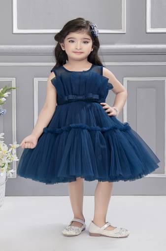 Teal solid net fan pleated yoke with frilled frock