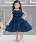 Teal solid net fan pleated yoke with frilled frock