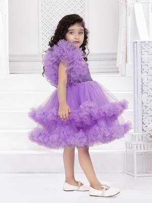 Lavender solid net double layer frilled glitter embellish frock 3