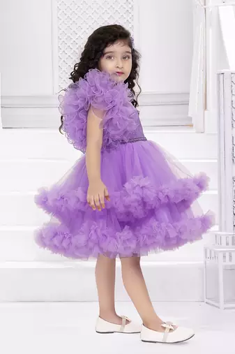Lavender solid net double layer frilled glitter embellish frock