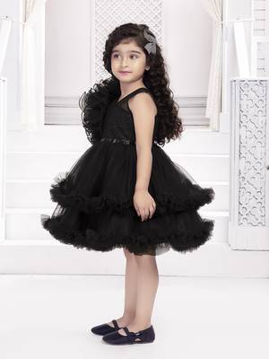 Black solid net double layer frilled glitter embellish frock 3