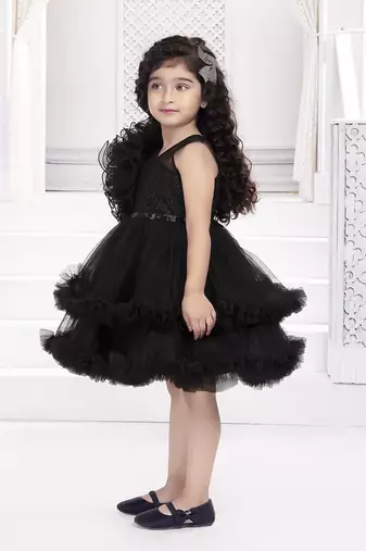 Black solid net double layer frilled glitter embellish frock