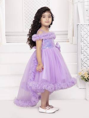 Lavender solid net tail look off shoulder sequence yoke frock 3