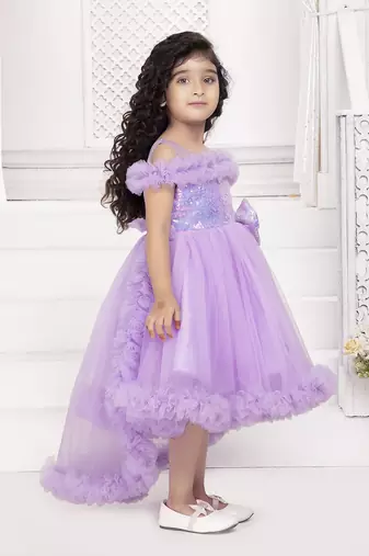 Lavender solid net tail look off shoulder sequence yoke frock