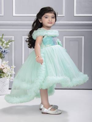 Blue solid net tail look off shoulder sequence yoke frock 3