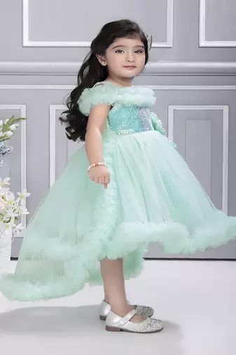 Blue solid net tail look off shoulder sequence yoke frock