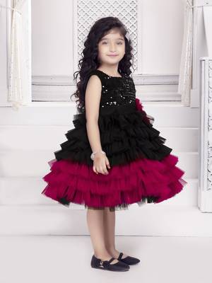Black solid net floral applique detailed sequence body frock 3