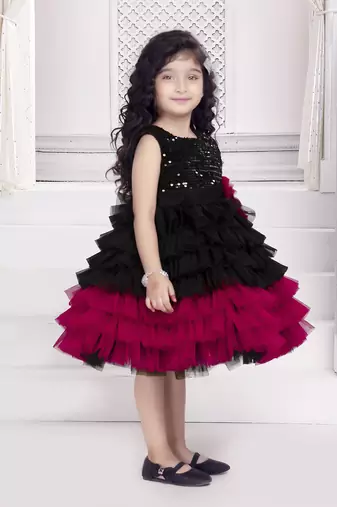 Black solid net floral applique detailed sequence body frock