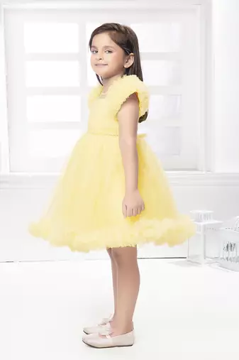 Yellow solid net pleated yoke stone embellish frock