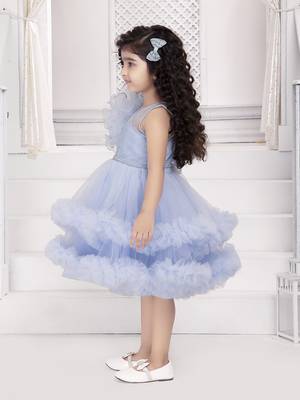 Blue solid net double layer frilled glitter embellish frock 3