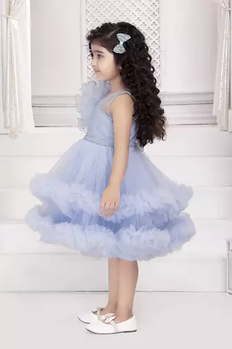 Blue solid net double layer frilled glitter embellish frock