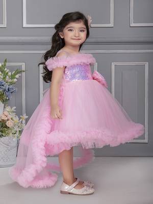 baby pink solid net tail look off shoulder sequence yoke frock 3